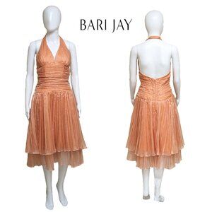 Vint. BARI JAY Pleated Organdy Cocktail Dress in Tangerine w/ Two-Tiered Skirt